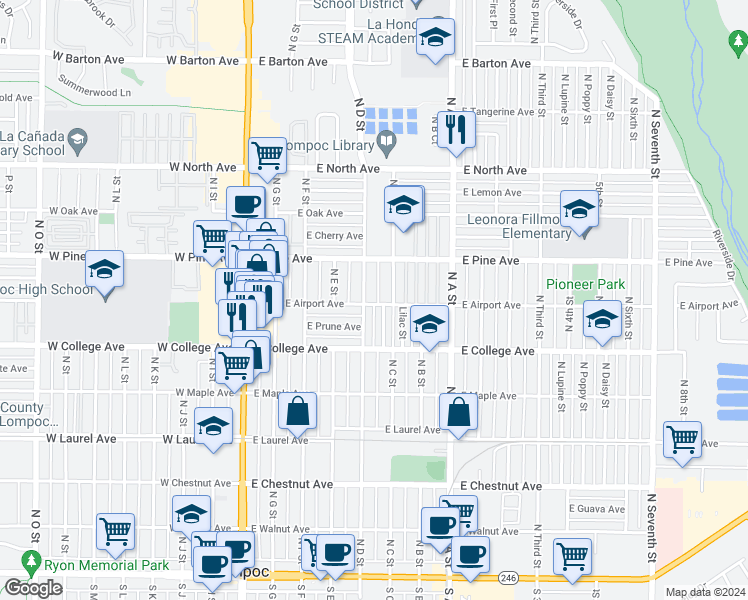 map of restaurants, bars, coffee shops, grocery stores, and more near 700 North D Street in Lompoc