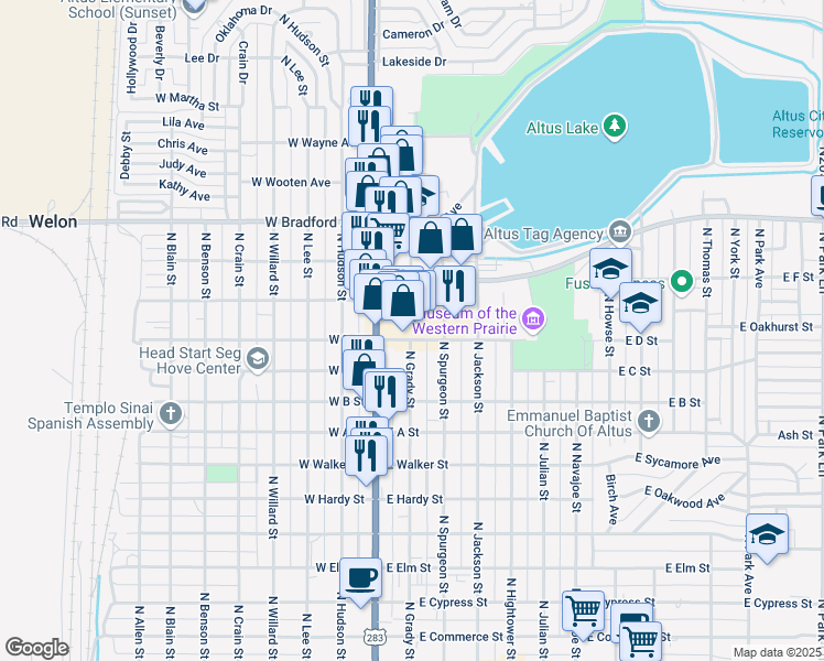 map of restaurants, bars, coffee shops, grocery stores, and more near 1110 North Main Street in Altus