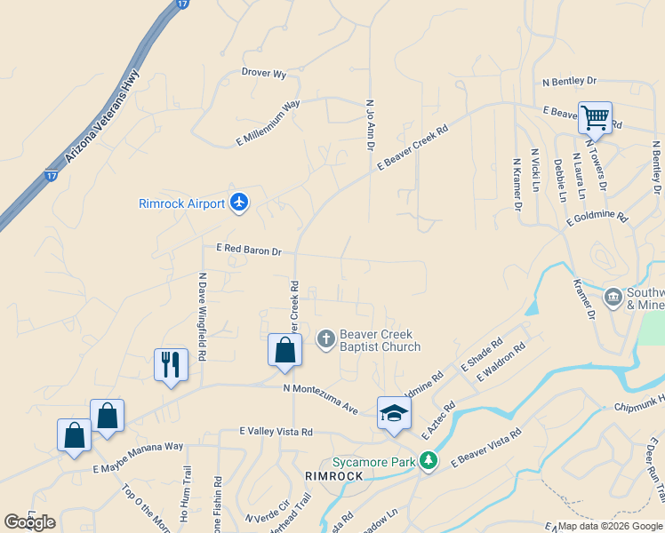 map of restaurants, bars, coffee shops, grocery stores, and more near 3855 East Red Baron Drive in Lake Montezuma