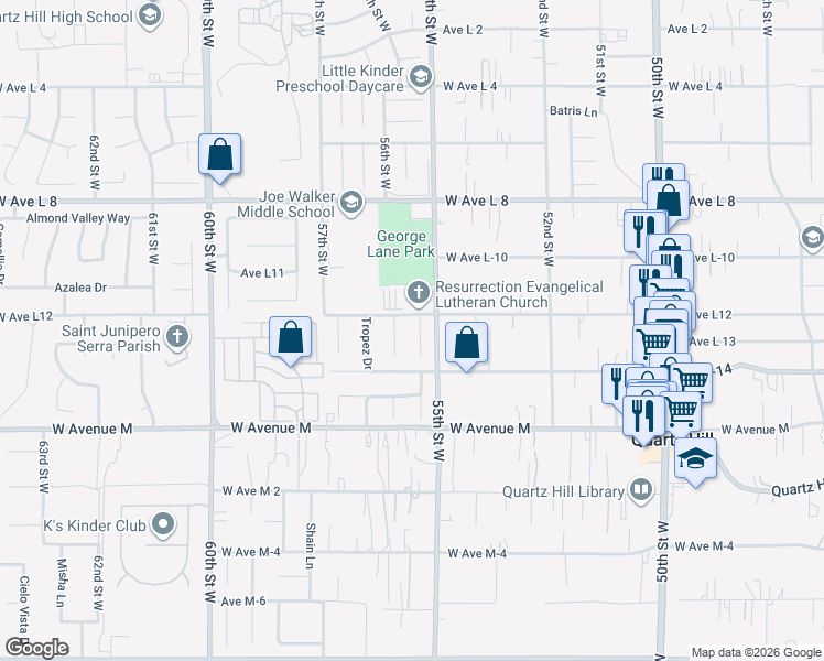 map of restaurants, bars, coffee shops, grocery stores, and more near 42145 Summer Lane in Lancaster