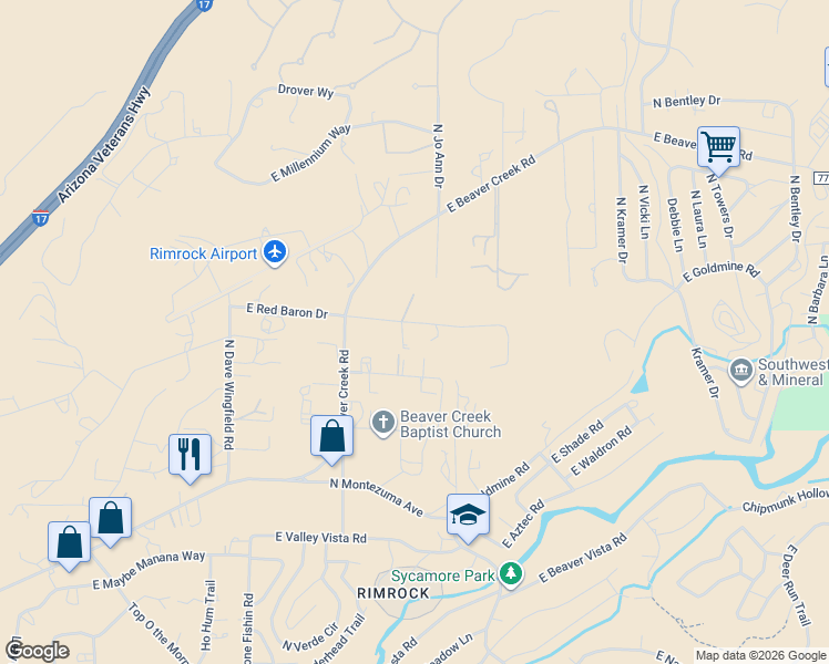 map of restaurants, bars, coffee shops, grocery stores, and more near 3855 East Red Baron Drive in Lake Montezuma