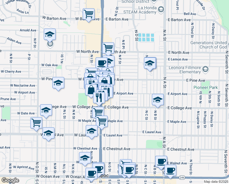 map of restaurants, bars, coffee shops, grocery stores, and more near 735 East Airport Avenue in Lompoc