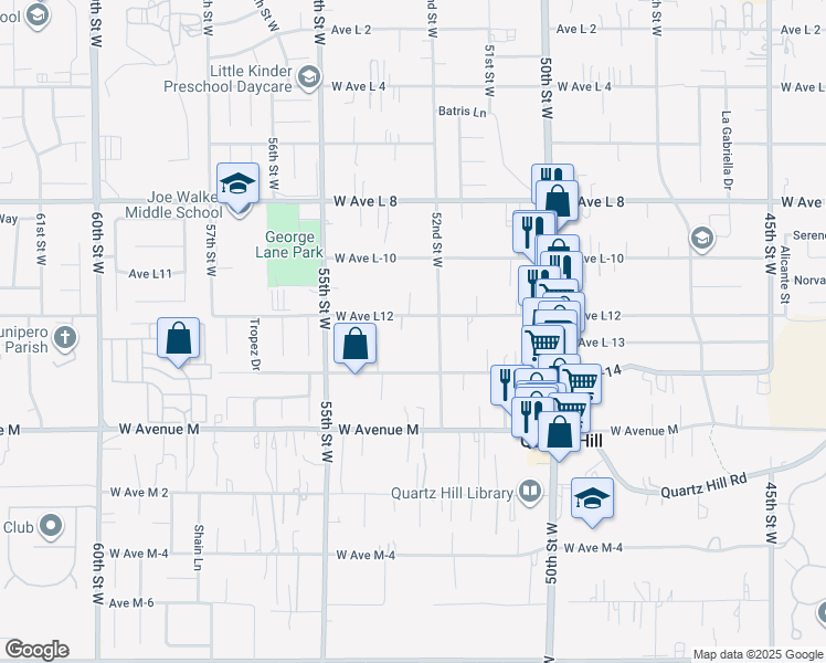 map of restaurants, bars, coffee shops, grocery stores, and more near 5226 West Avenue L 12 in Lancaster