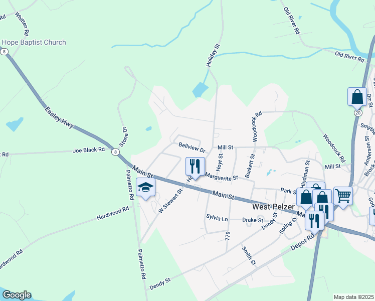 map of restaurants, bars, coffee shops, grocery stores, and more near 109 Bellview Drive in Pelzer