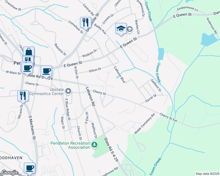 map of restaurants, bars, coffee shops, grocery stores, and more near 540 East Main Street in Pendleton