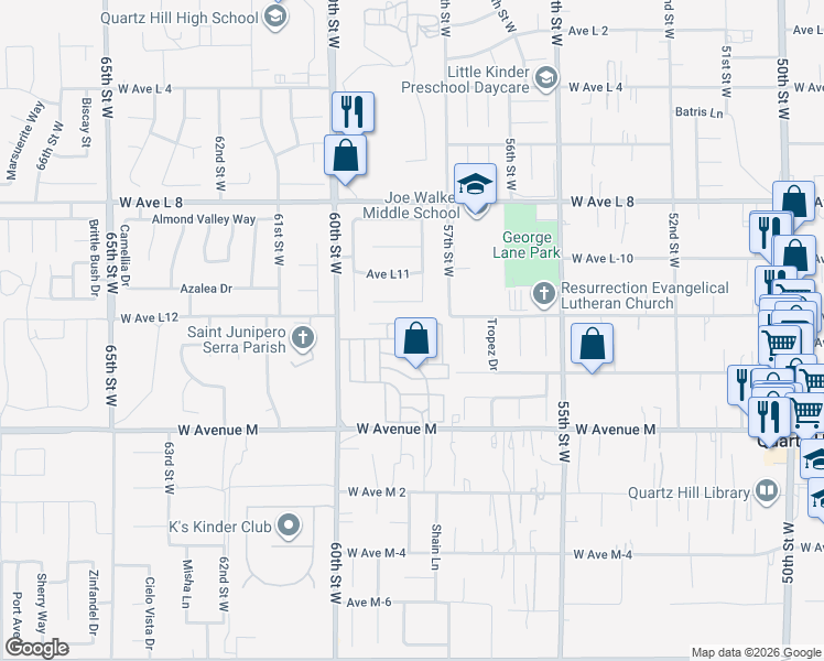 map of restaurants, bars, coffee shops, grocery stores, and more near 5711 Columbia Way in Lancaster