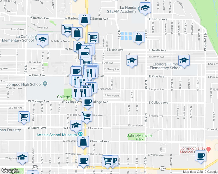 map of restaurants, bars, coffee shops, grocery stores, and more near 308 East Airport Avenue in Lompoc