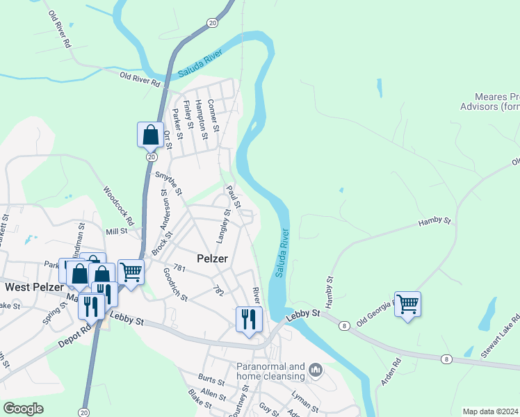 map of restaurants, bars, coffee shops, grocery stores, and more near 20 Green Street in Pelzer