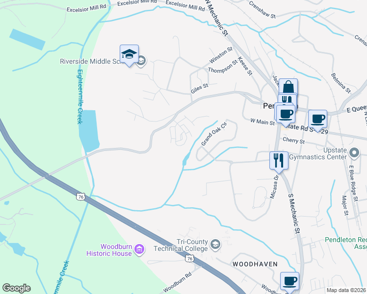 map of restaurants, bars, coffee shops, grocery stores, and more near 136 Heritage Place Drive in Pendleton