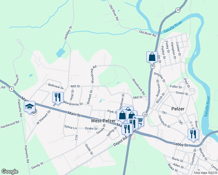 map of restaurants, bars, coffee shops, grocery stores, and more near 196 Mill Street in Pelzer