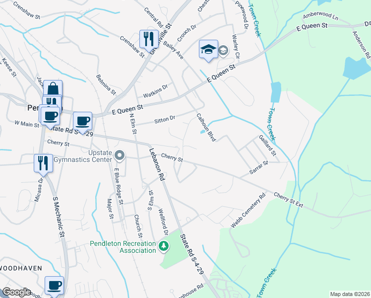 map of restaurants, bars, coffee shops, grocery stores, and more near 540 East Main Street in Pendleton