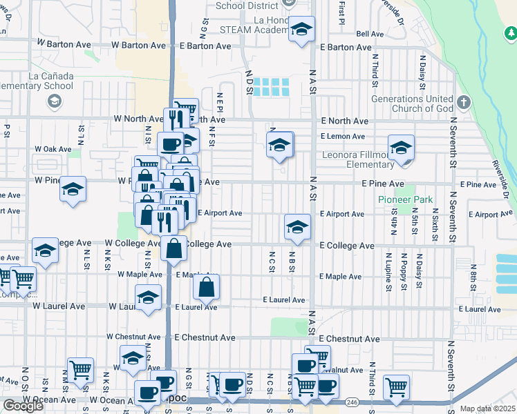 map of restaurants, bars, coffee shops, grocery stores, and more near 704 North D Street in Lompoc