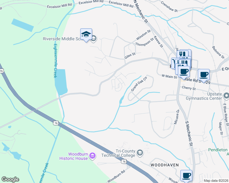 map of restaurants, bars, coffee shops, grocery stores, and more near 136 Heritage Place Drive in Pendleton