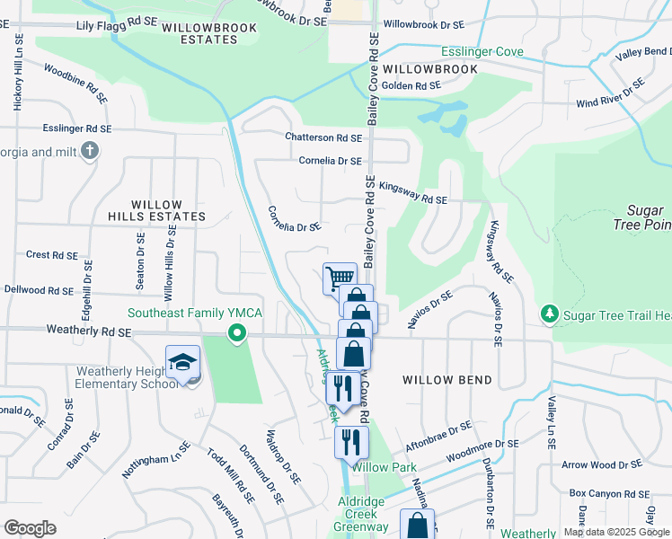 map of restaurants, bars, coffee shops, grocery stores, and more near 2100 Thicket Place Southeast in Huntsville