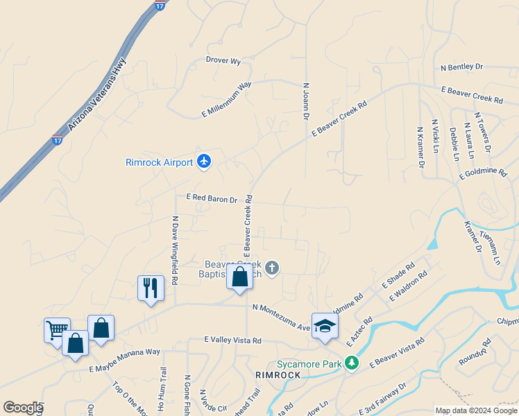 map of restaurants, bars, coffee shops, grocery stores, and more near 3785 E Red Baron Dr in Lake Montezuma