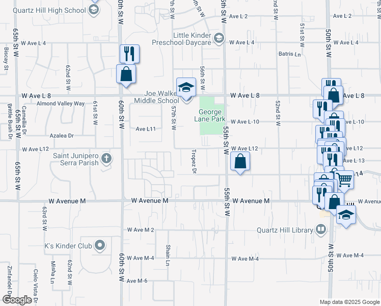 map of restaurants, bars, coffee shops, grocery stores, and more near 42155 Tropez Drive in Lancaster
