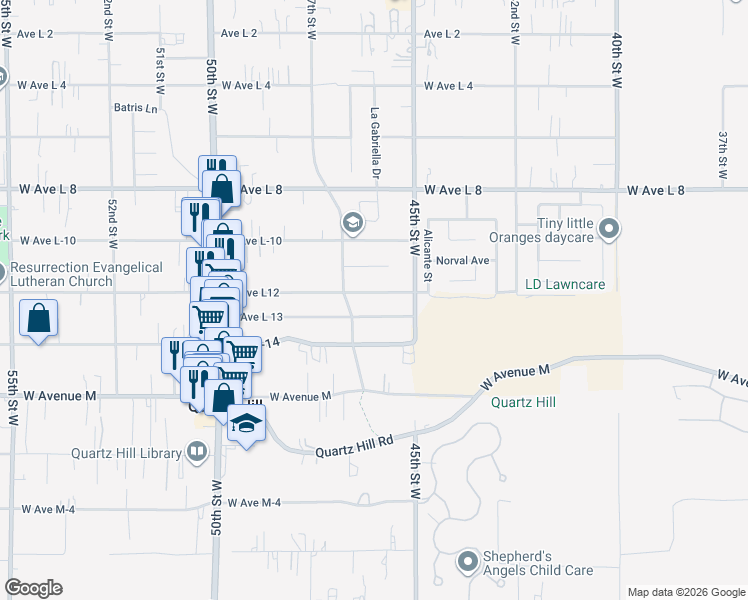 map of restaurants, bars, coffee shops, grocery stores, and more near 4553 West Avenue L 13 in Lancaster
