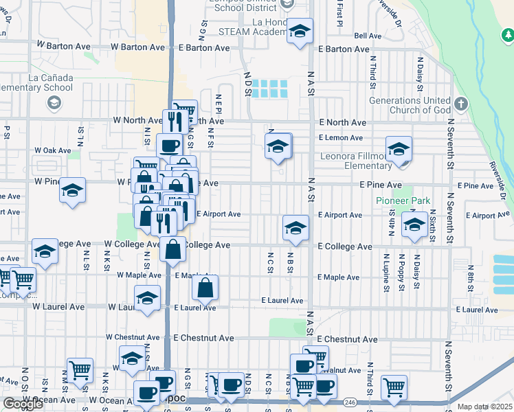 map of restaurants, bars, coffee shops, grocery stores, and more near 708 North D Street in Lompoc