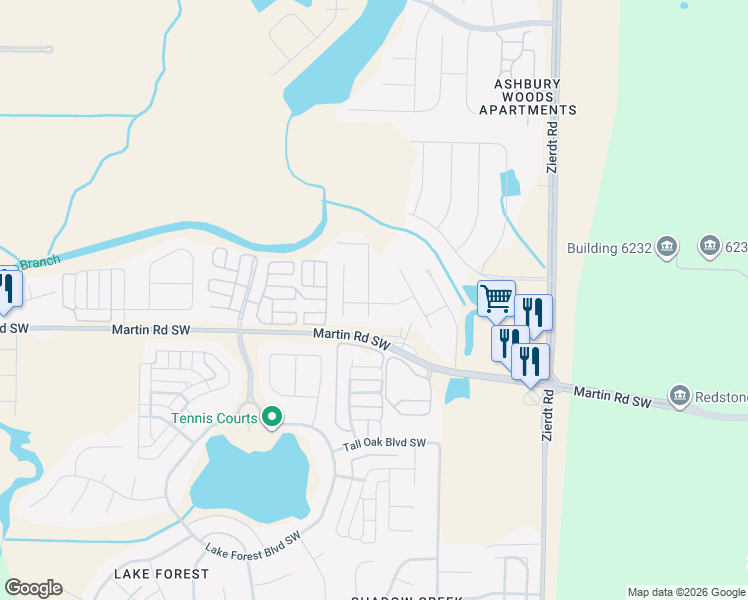 map of restaurants, bars, coffee shops, grocery stores, and more near Martin Road Southwest in Huntsville