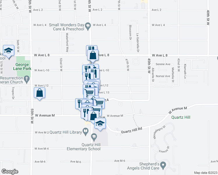 map of restaurants, bars, coffee shops, grocery stores, and more near 4802 West Avenue L 12 in Lancaster