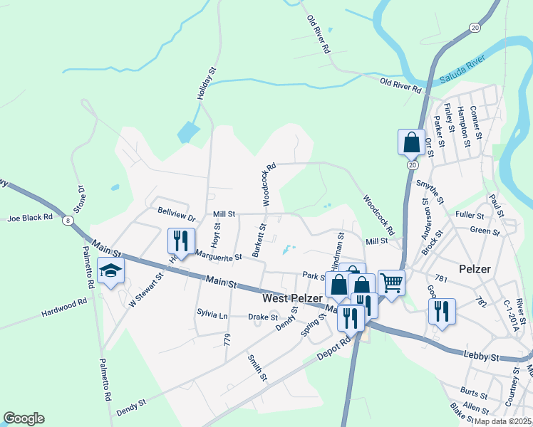 map of restaurants, bars, coffee shops, grocery stores, and more near 199 Mills Street in Pelzer