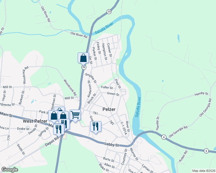 map of restaurants, bars, coffee shops, grocery stores, and more near 3 Green Street in Pelzer