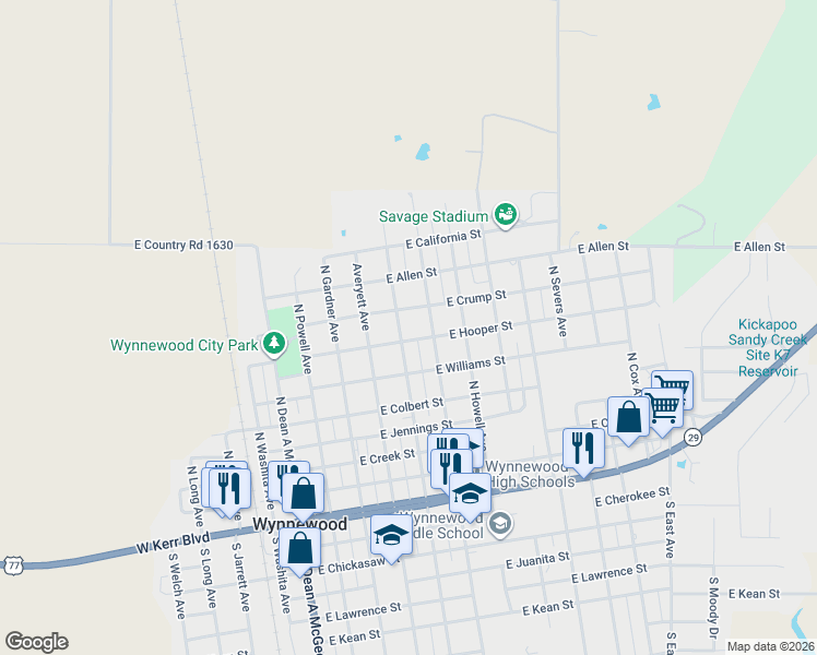 map of restaurants, bars, coffee shops, grocery stores, and more near 505 East Hooper Street in Wynnewood