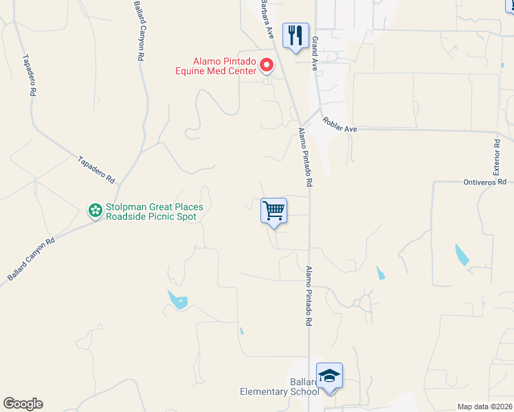 map of restaurants, bars, coffee shops, grocery stores, and more near 2205 Alamo Pintado Road in Solvang