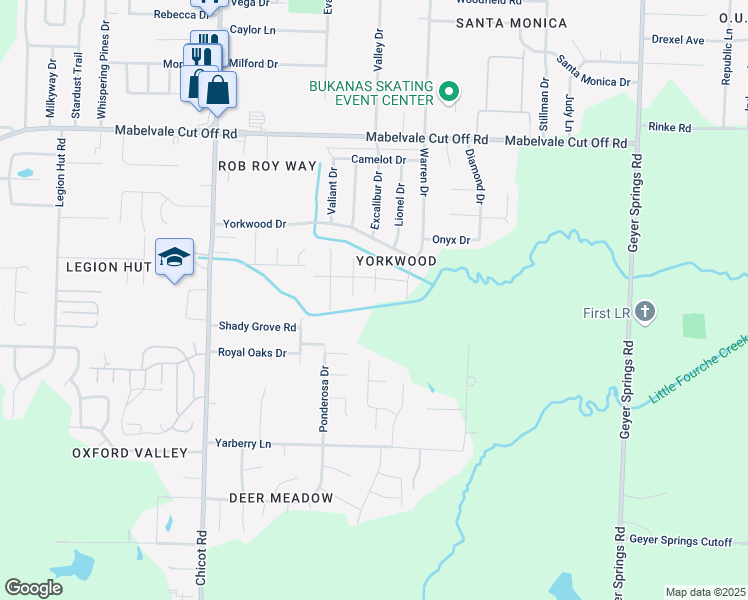 map of restaurants, bars, coffee shops, grocery stores, and more near 11012 Merlin Court in Little Rock