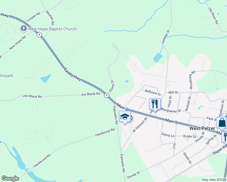 map of restaurants, bars, coffee shops, grocery stores, and more near 92 Stone Drive in Pelzer