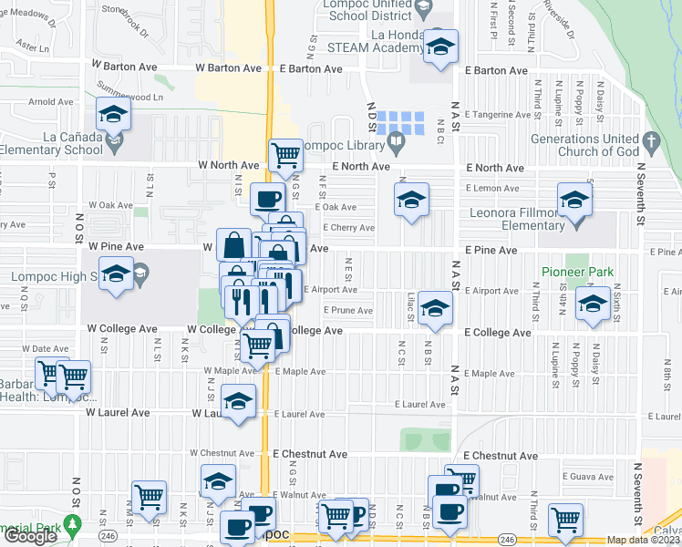 map of restaurants, bars, coffee shops, grocery stores, and more near 713 North E Street in Lompoc