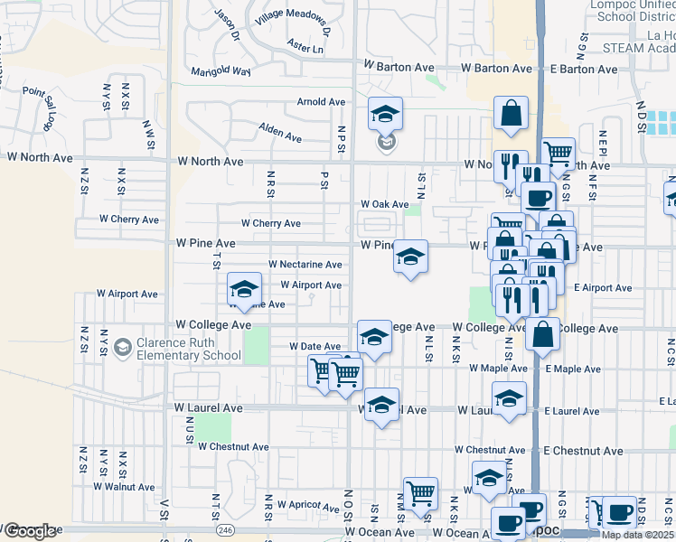 map of restaurants, bars, coffee shops, grocery stores, and more near in Lompoc