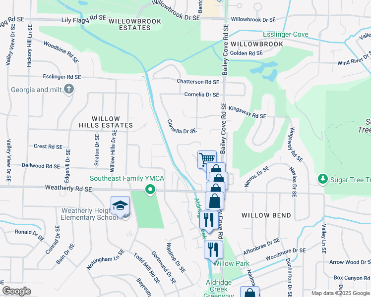 map of restaurants, bars, coffee shops, grocery stores, and more near 771 Cornelia Drive Southeast in Huntsville