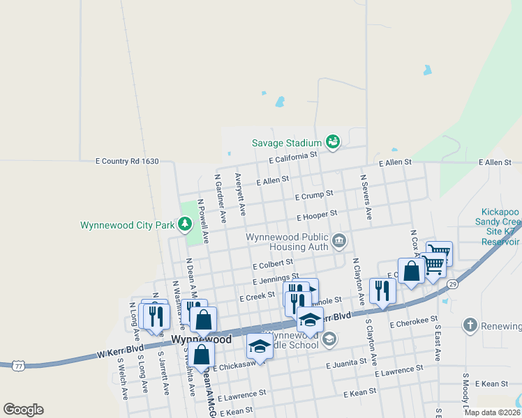 map of restaurants, bars, coffee shops, grocery stores, and more near 808 North Taylor Avenue in Wynnewood