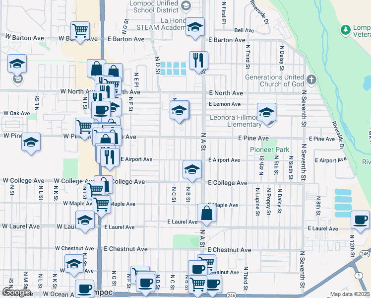 map of restaurants, bars, coffee shops, grocery stores, and more near 610 East Pine Avenue in Lompoc