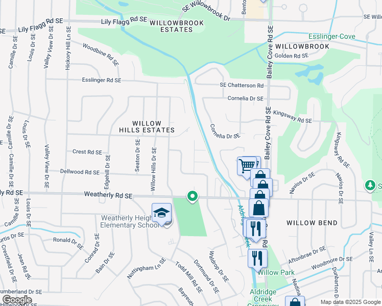 map of restaurants, bars, coffee shops, grocery stores, and more near 9723 Dolphin Drive in Huntsville