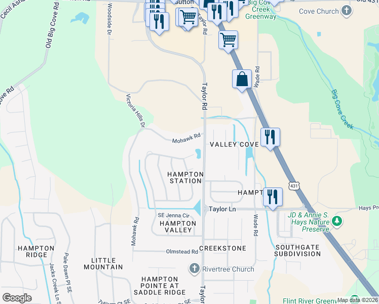 map of restaurants, bars, coffee shops, grocery stores, and more near 4802 Southeast Cove Valley Drive in Owens Cross Roads