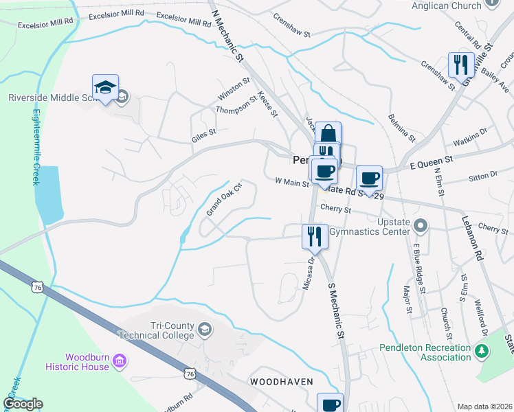 map of restaurants, bars, coffee shops, grocery stores, and more near 131 Grand Oak Circle in Pendleton