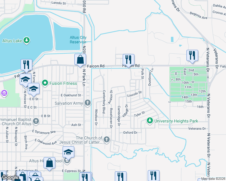 map of restaurants, bars, coffee shops, grocery stores, and more near 1016 Avalon Drive in Altus
