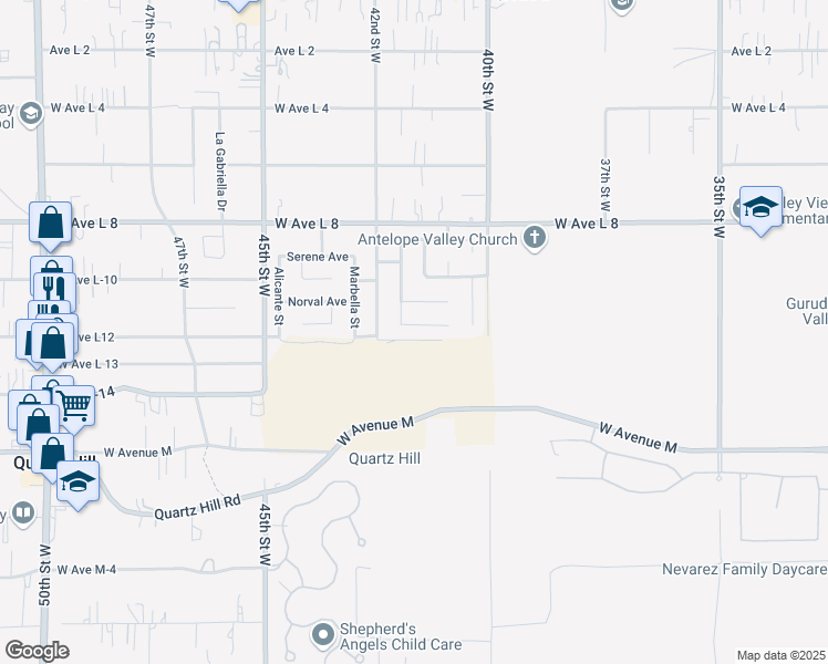 map of restaurants, bars, coffee shops, grocery stores, and more near 4146 Glacier Place in Quartz Hill