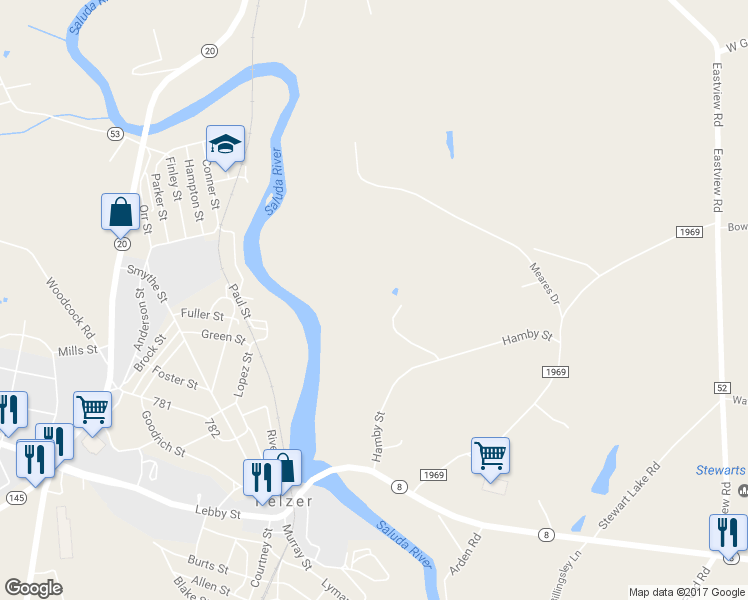 map of restaurants, bars, coffee shops, grocery stores, and more near 150 Holcombe Drive in Pelzer