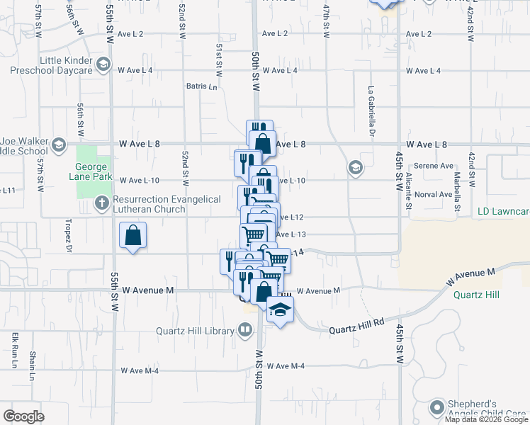 map of restaurants, bars, coffee shops, grocery stores, and more near 42202 50th Street West in Quartz Hill