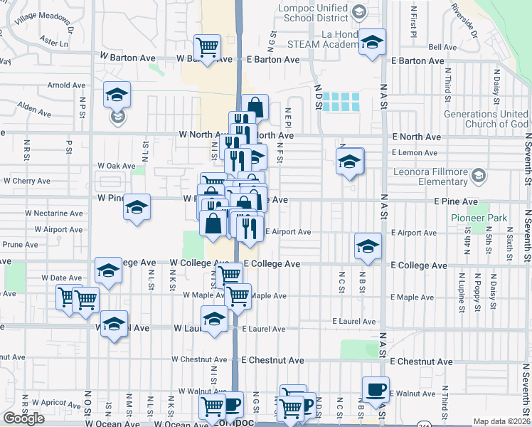 map of restaurants, bars, coffee shops, grocery stores, and more near 736 North G Street in Lompoc