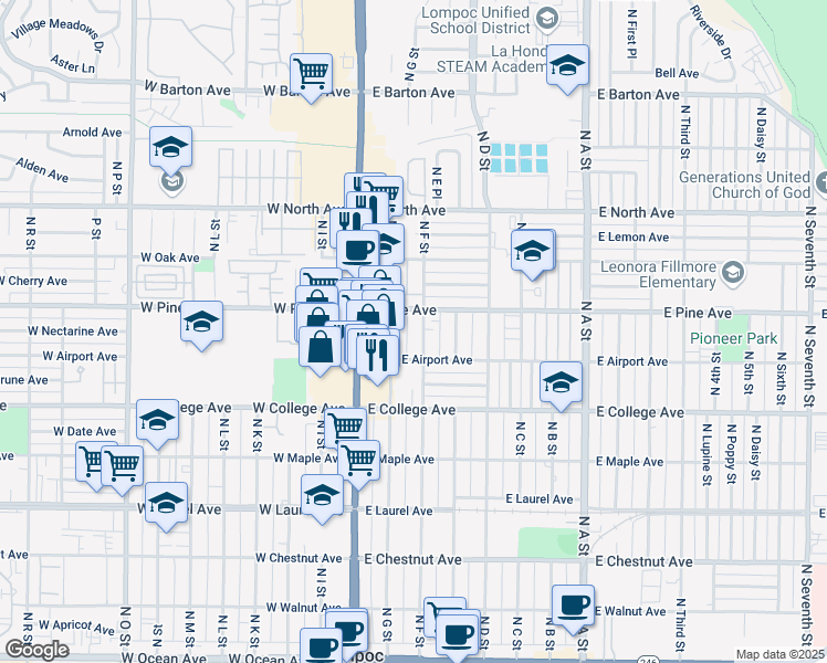 map of restaurants, bars, coffee shops, grocery stores, and more near 723 North F Street in Lompoc