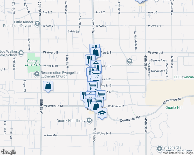 map of restaurants, bars, coffee shops, grocery stores, and more near 42202 50th Street West in Quartz Hill