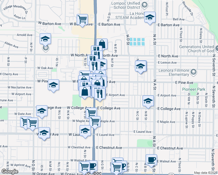 map of restaurants, bars, coffee shops, grocery stores, and more near 736 North G Street in Lompoc