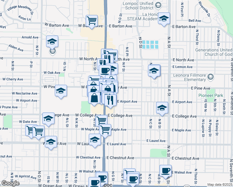 map of restaurants, bars, coffee shops, grocery stores, and more near 736 North G Street in Lompoc