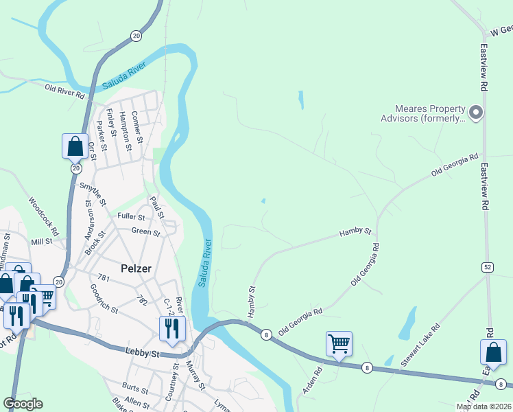 map of restaurants, bars, coffee shops, grocery stores, and more near 150 Holcombe Drive in Pelzer