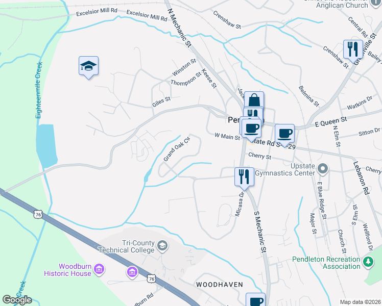map of restaurants, bars, coffee shops, grocery stores, and more near 131 Grand Oak Circle in Pendleton