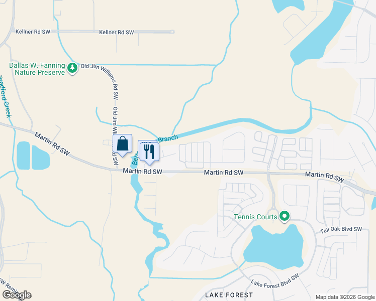 map of restaurants, bars, coffee shops, grocery stores, and more near 558 Mossyleaf Drive Southwest in Huntsville